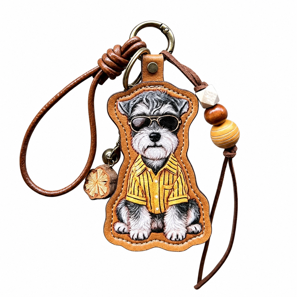 A custom illustrated Schnauzer dog portrait leather bag charm wearing sunglasses and a yellow striped shirt, styled as a personalized pet photo keychain with decorative beads.