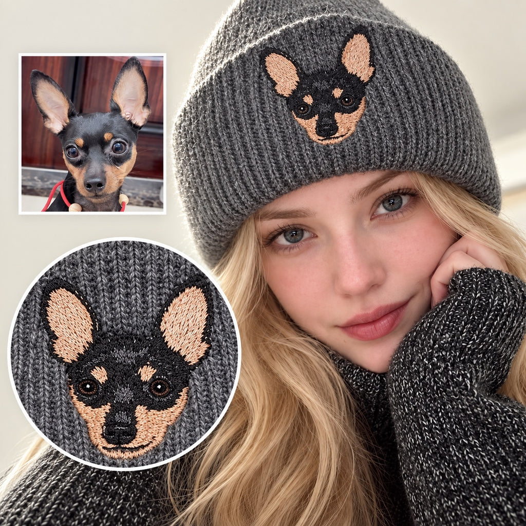 Woman wearing a gray knit beanie embroidered from a black-and-tan small dog photo, with reference image and close-up