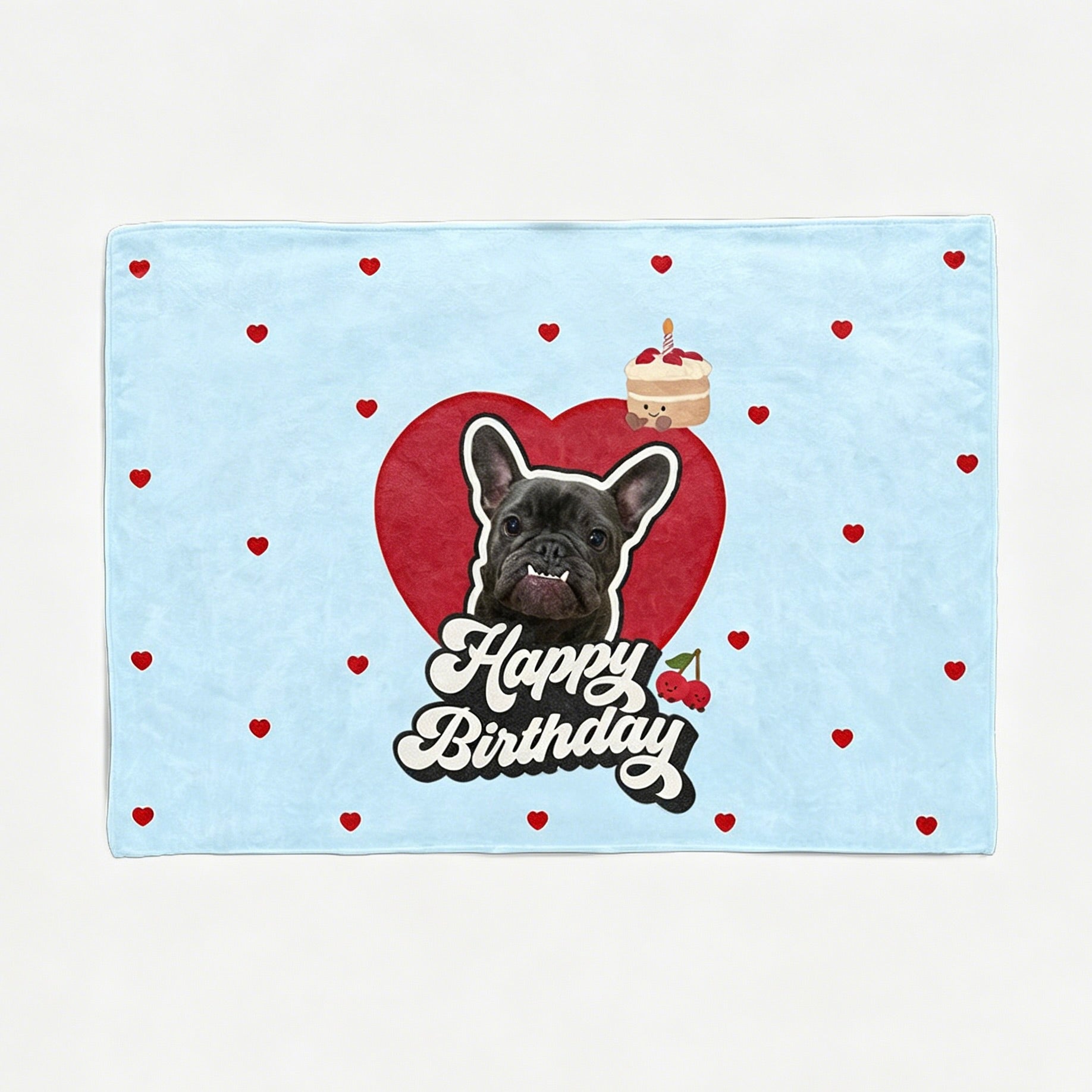 A personalized cat birthday banner with photo showcasing a striped kitten portrait above a cute pudding cake illustration, decorated with bows and bone patterns.
