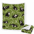 Green custom sherpa blanket featuring a repeating black and white tuxedo cat pattern with white swirl lines and fleece reverse