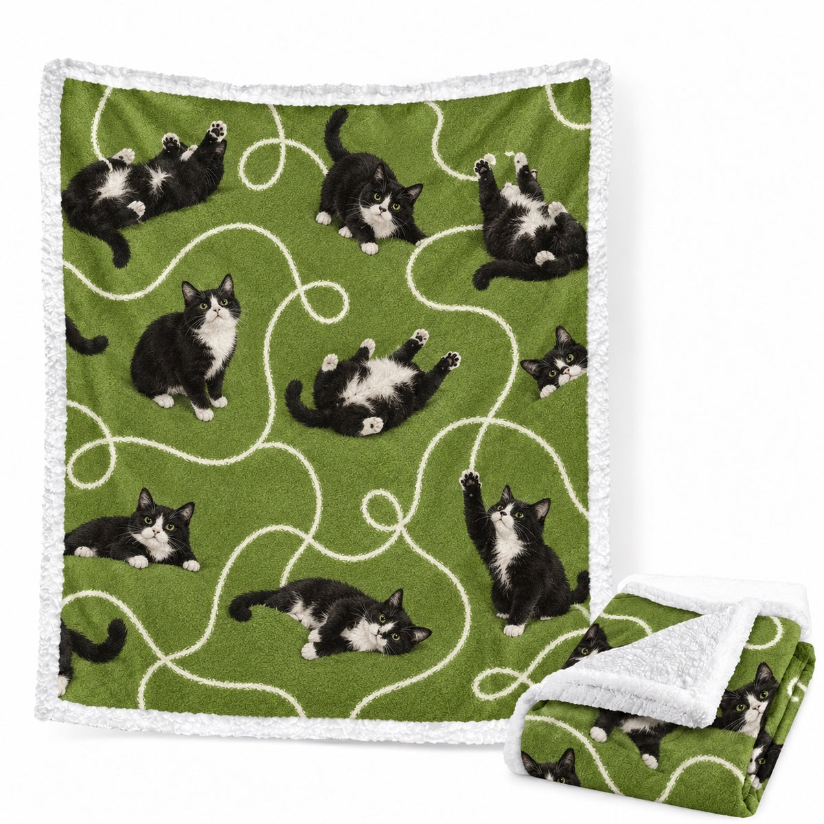 Green custom sherpa blanket featuring a repeating black and white tuxedo cat pattern with white swirl lines and fleece reverse