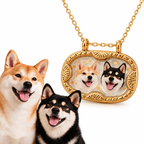 Custom necklace with two Shiba Inu portraits displayed beside the dogs' reference image