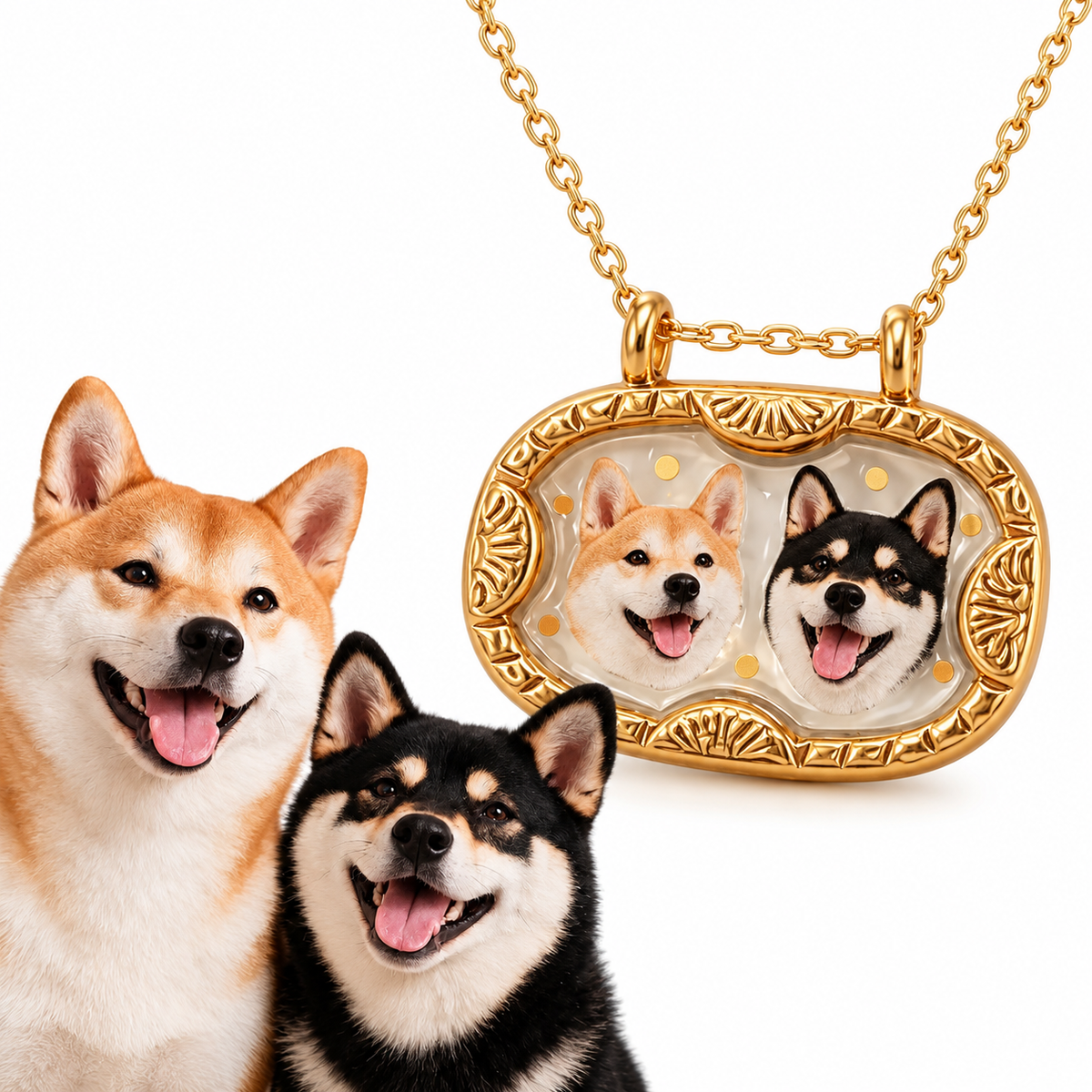 Custom necklace with two Shiba Inu portraits displayed beside the dogs' reference image