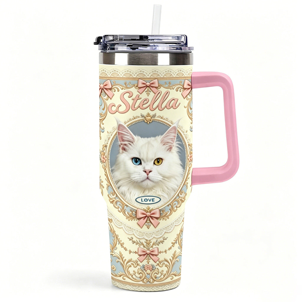 Pink handled custom tumbler printed with a white cat portrait, pink bows and ornamental border design