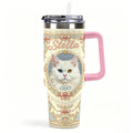 Pink handled custom tumbler printed with a white cat portrait, pink bows and ornamental border design