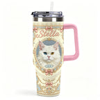 Pink handled custom tumbler printed with a white cat portrait, pink bows and ornamental border design