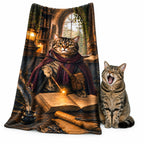 Custom photo microfiber towel featuring a wizard cat in a magical library, displayed next to a yawning tabby cat.