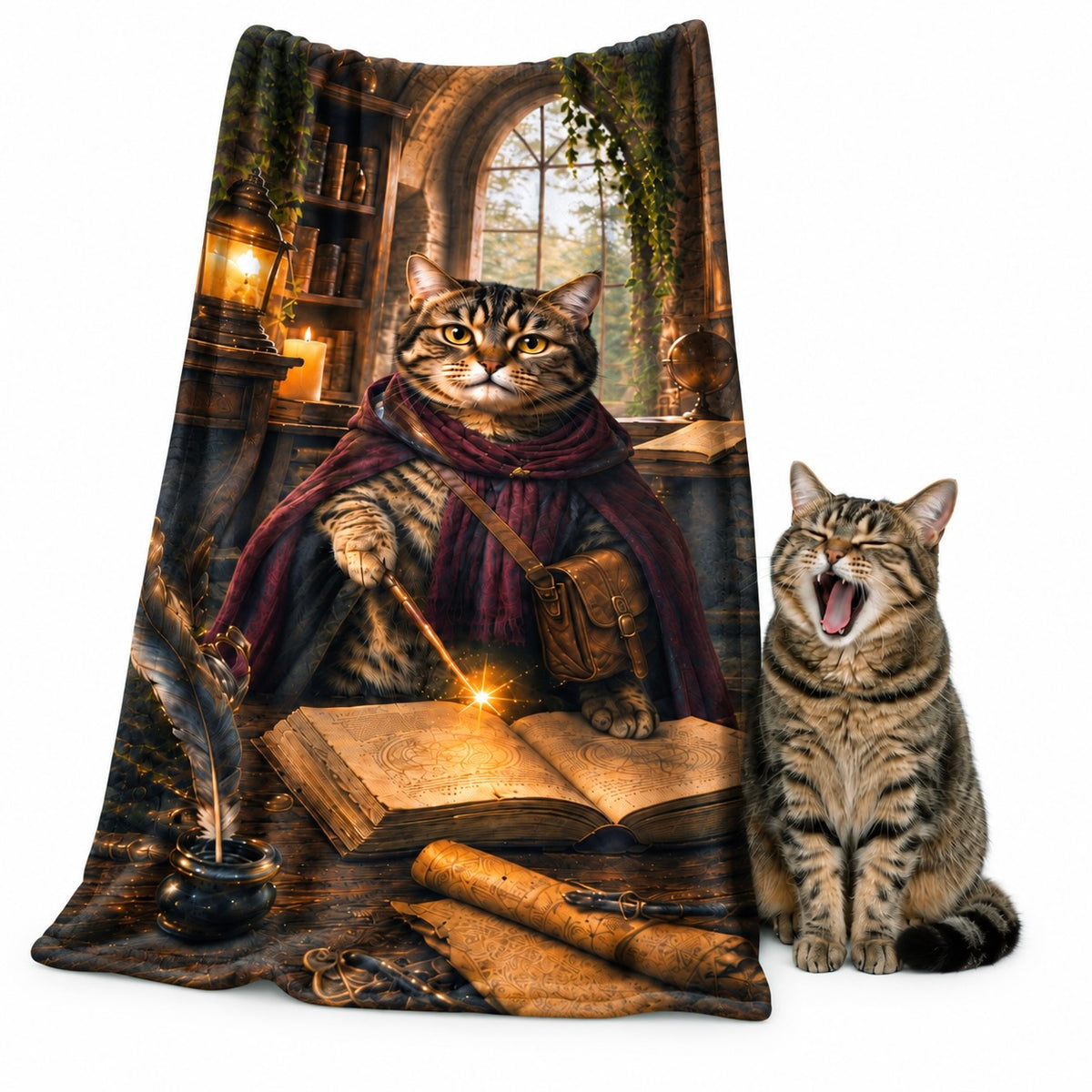 Custom photo microfiber towel featuring a wizard cat in a magical library, displayed next to a yawning tabby cat.