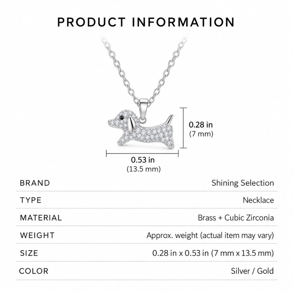 Dachshund necklace size guide showing a brass and cubic zirconia pendant measuring 0.53 by 0.28 inches