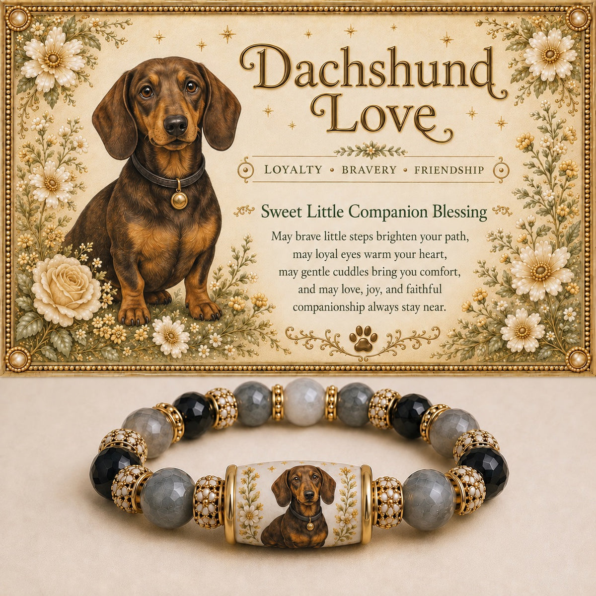 Dachshund portrait bracelet with black and gray beads beneath floral Dachshund Love artwork