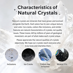 An infographic explaining the natural characteristics of crystals, showcasing examples of inclusions, ice cracks, cotton-like inclusions, and mineral pits.
