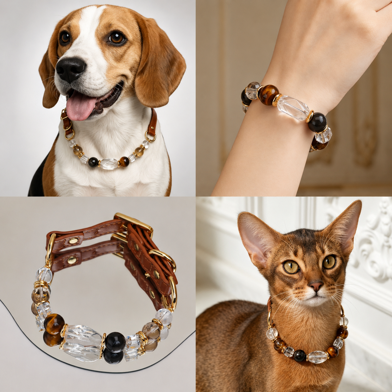 Dark brown natural gemstone crystal pet collar and matching bracelet set