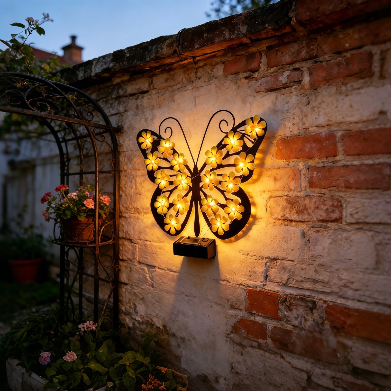 Cozy summer evening garden setup featuring the wireless decorative outdoor LED butterfly light illuminating a porch wall.