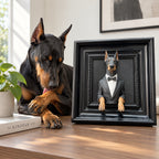 Doberman beside a black frame containing a 3D half-body dog portrait in a tuxedo with paws over the inner edge