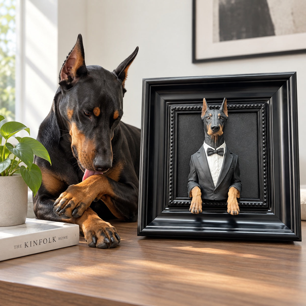 Doberman beside a black frame containing a 3D half-body dog portrait in a tuxedo with paws over the inner edge