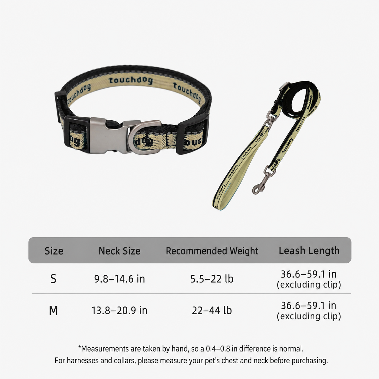 Dog collar and leash set size guide chart showing neck measurements, recommended weights, and leash lengths.