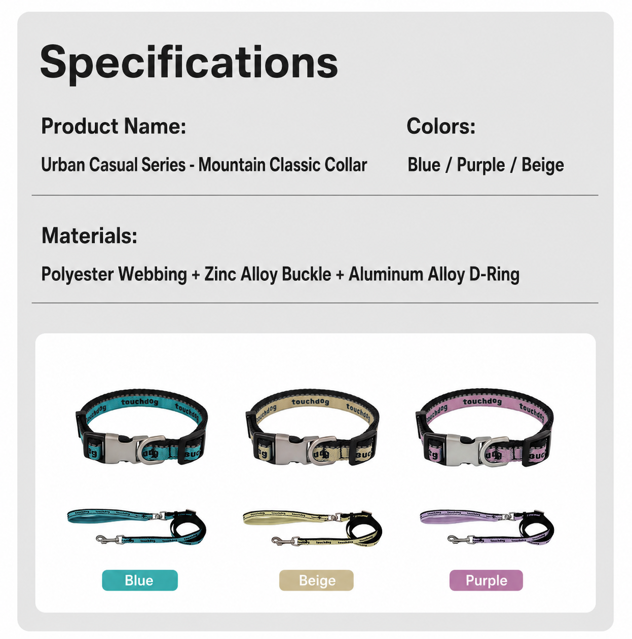 Product specifications chart for the personalized dog collar showing durable materials and color options.