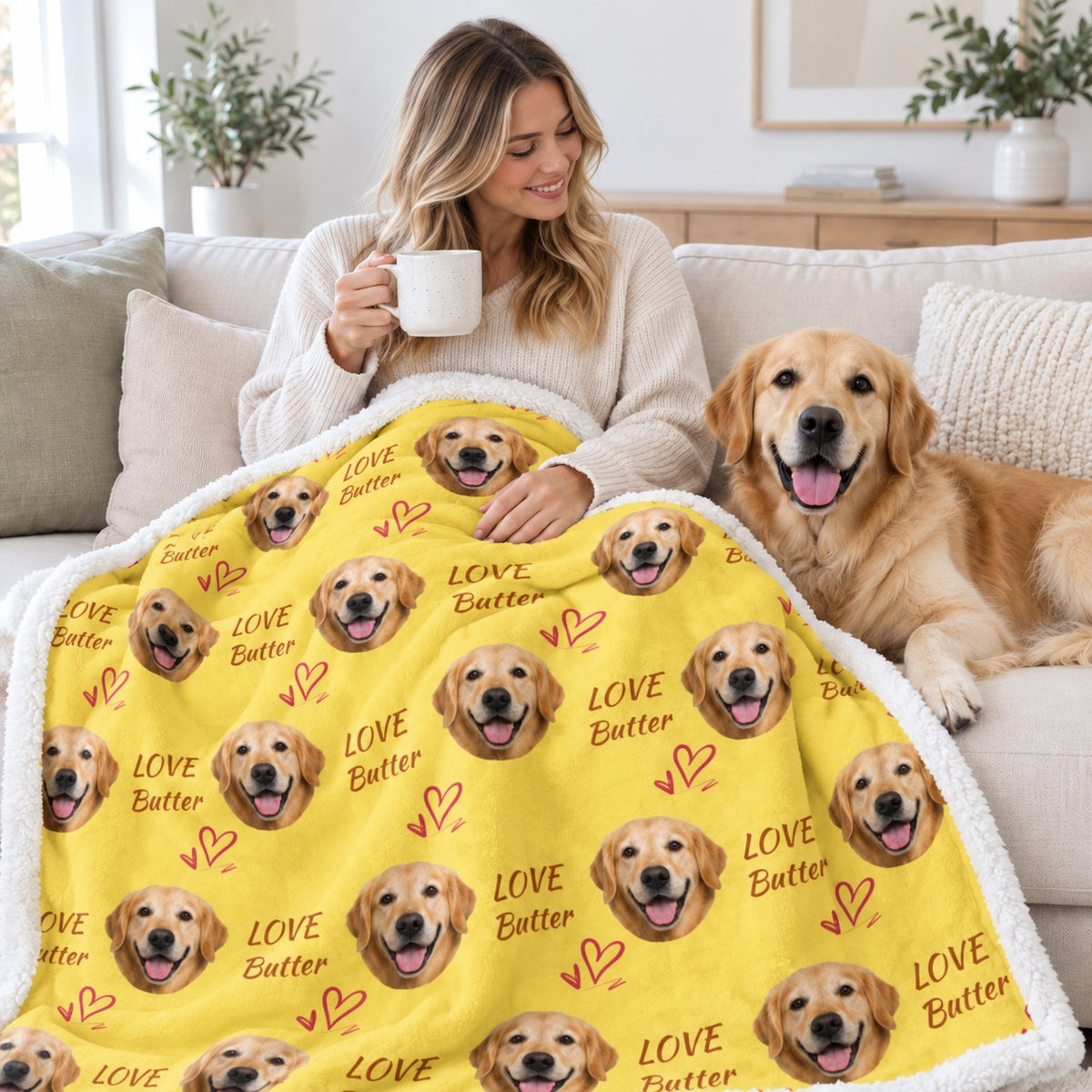 Person looking toward a golden dog while using a yellow personalized dog portrait sherpa blanket