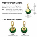 Size, material and personalization guide for a double-layer pet ID tag with portrait, name and contact number engraving