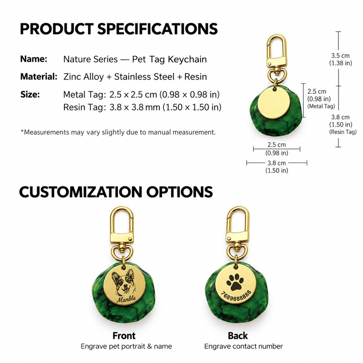 Size, material and personalization guide for a double-layer pet ID tag with portrait, name and contact number engraving