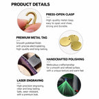 Detail graphic showing the press-open clasp, round metal tag, polished resin edge and laser engraving process