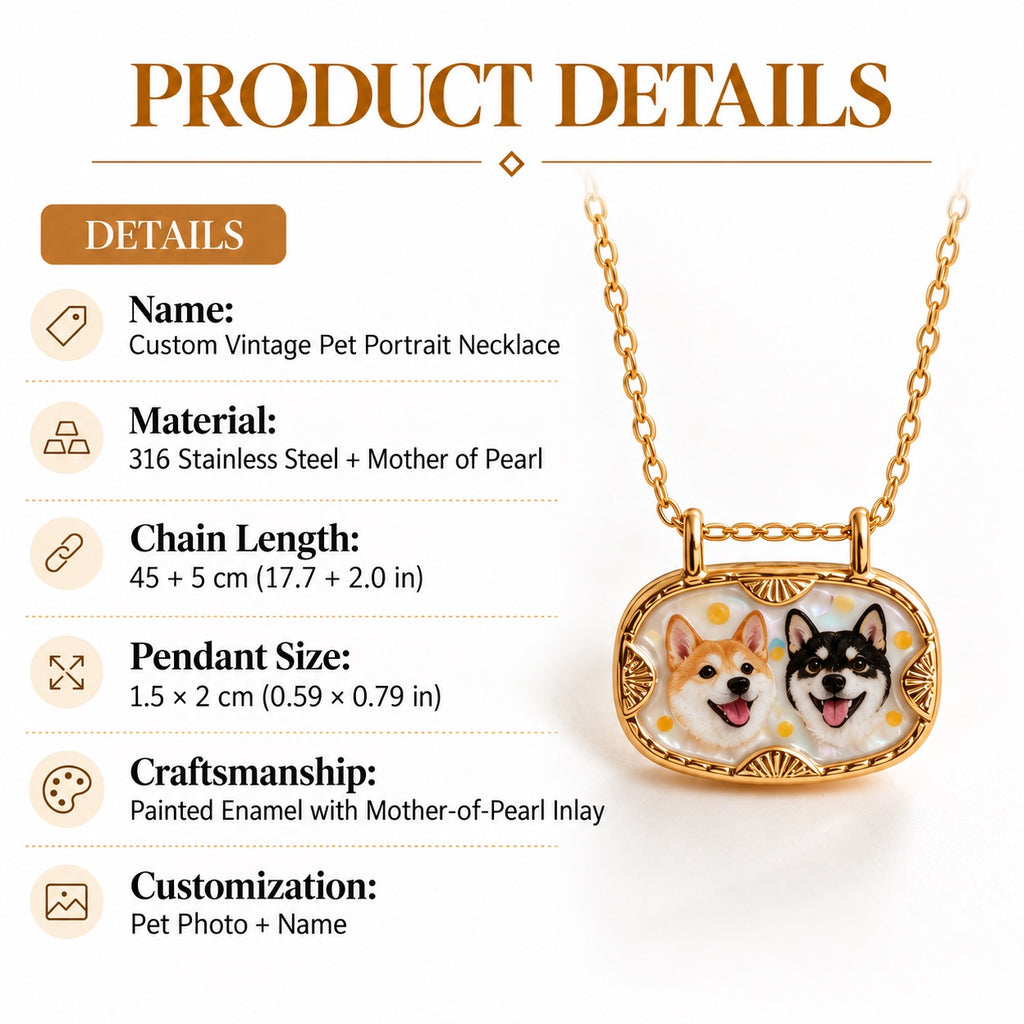 Product details for a 316 stainless steel and mother-of-pearl pet portrait necklace with 15 by 20 mm pendant