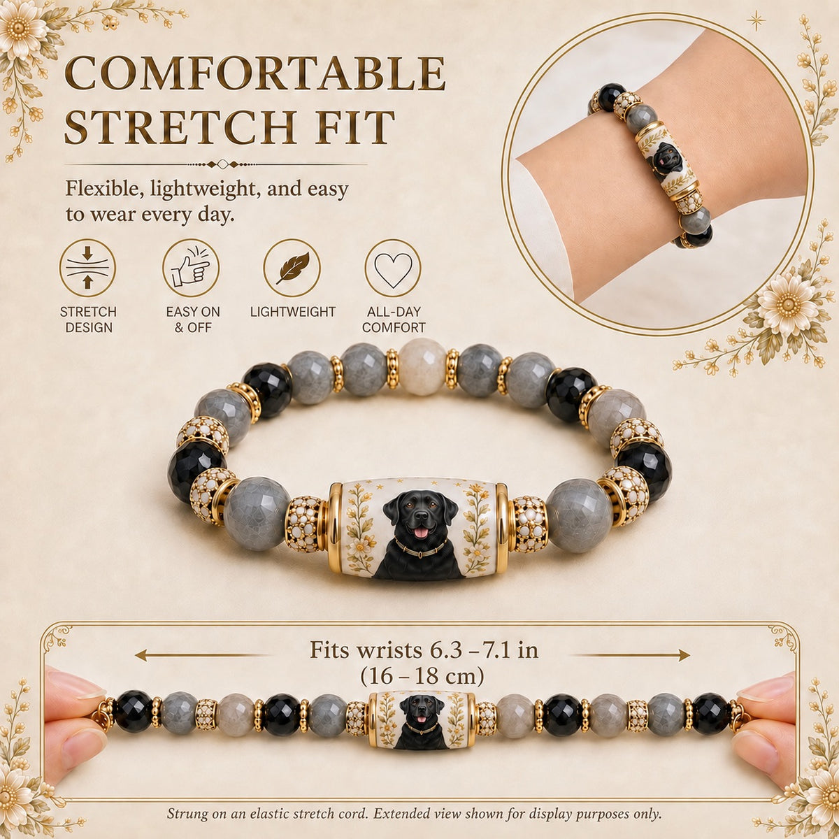 Elastic animal portrait bracelet size guide for wrists measuring 6.3 to 7.1 inches