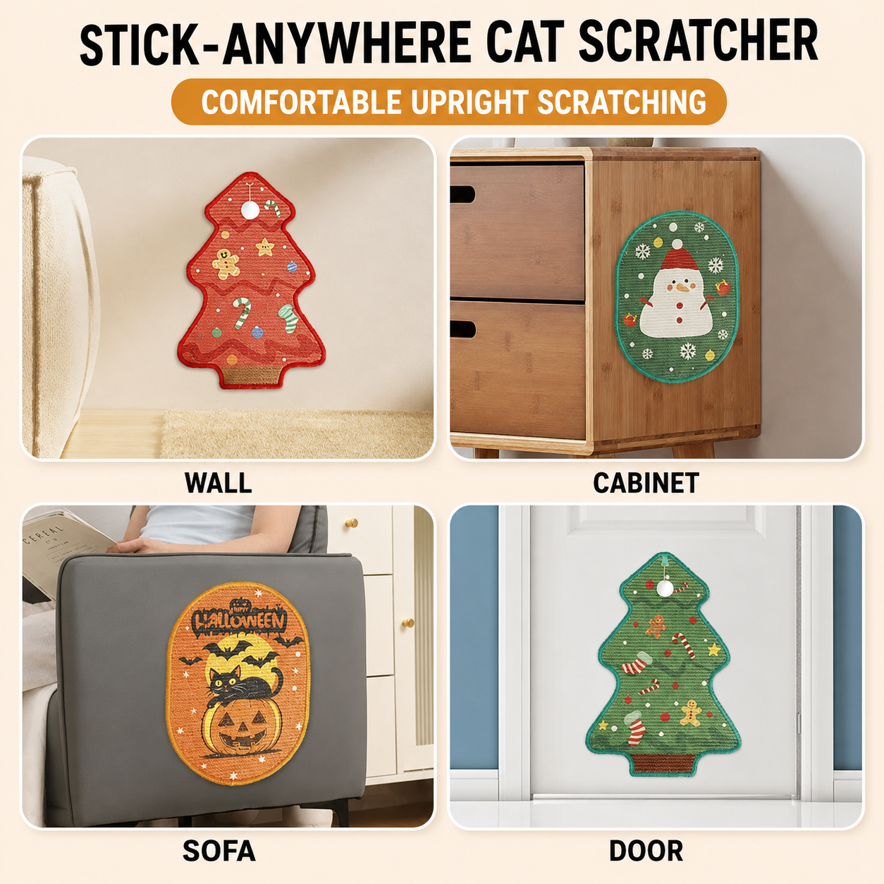 Product variety showcase for a festive cat scratching board, displaying three cute holiday themes including a snowman, pumpkin ghost, and Christmas tree designed to brighten home decor.