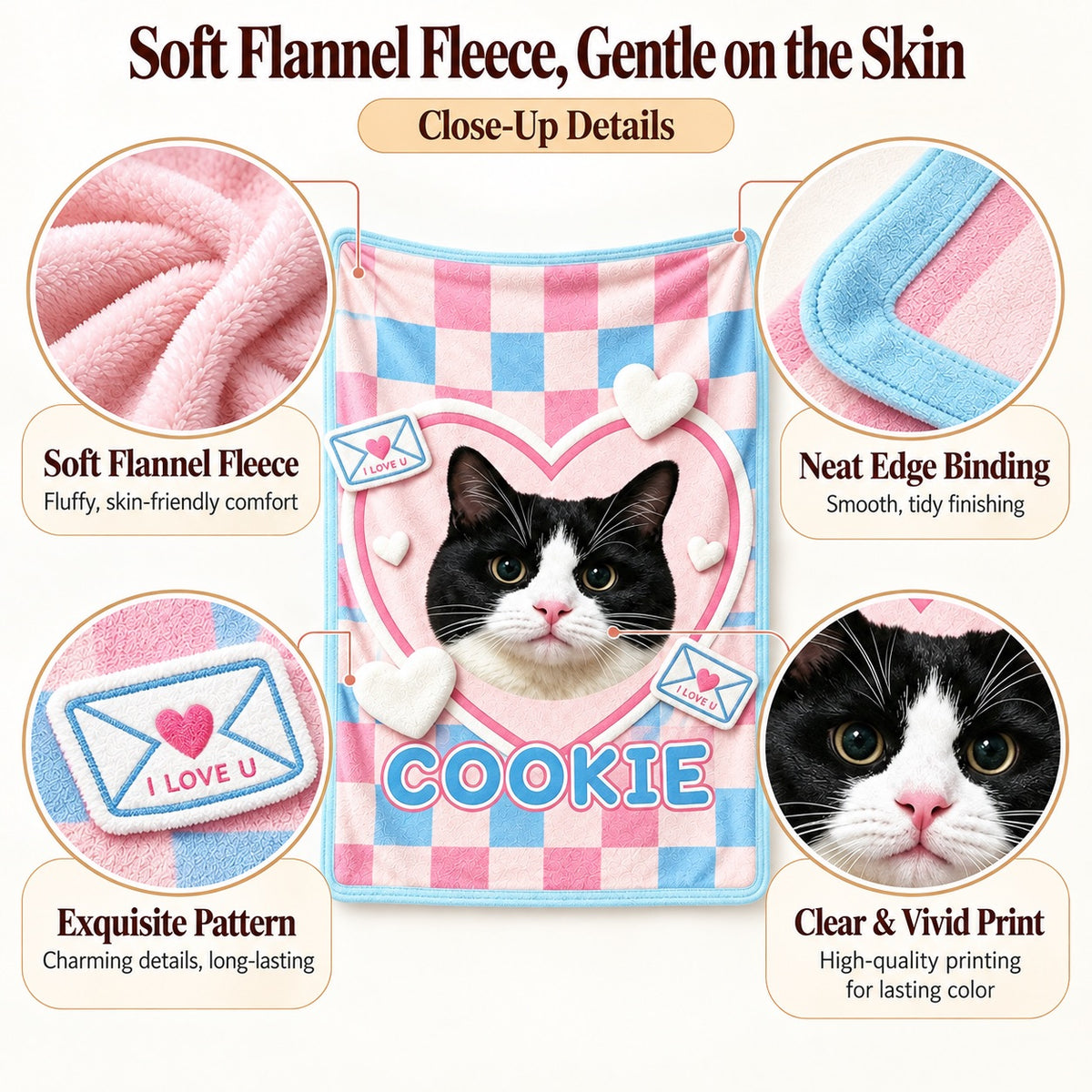 Cookie cat blanket detail graphic showing fleece texture, blue edging, envelope motifs and the printed portrait