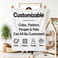 Flannel blanket customization graphic listing colors, patterns, people and pets