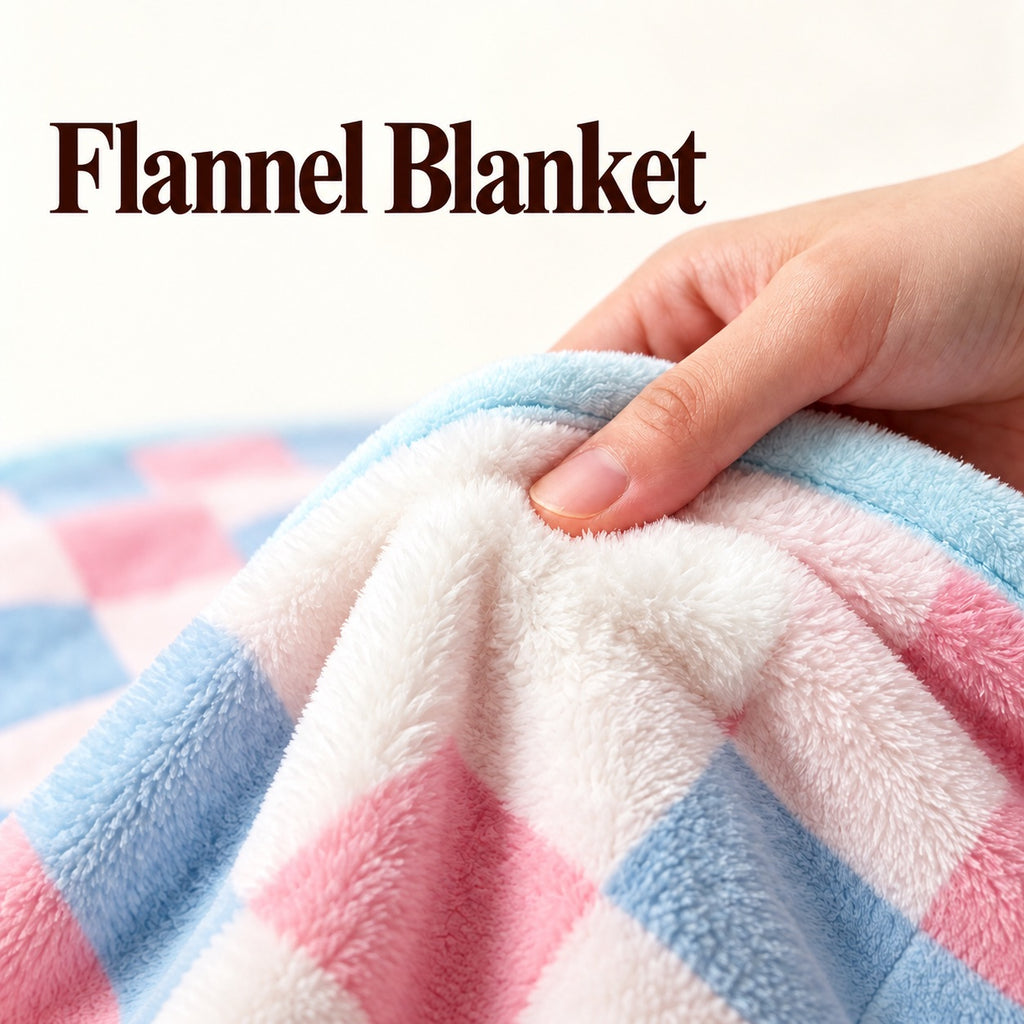 Hand lifting pink and white flannel fleece beside the blue bound edge of a printed blanket