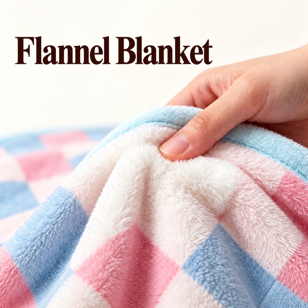 Hand lifting pink and white flannel fleece beside the blue bound edge of a printed blanket