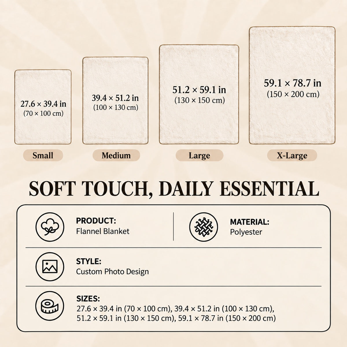 Polyester flannel blanket size chart with four options from 70 by 100 to 150 by 200 cm