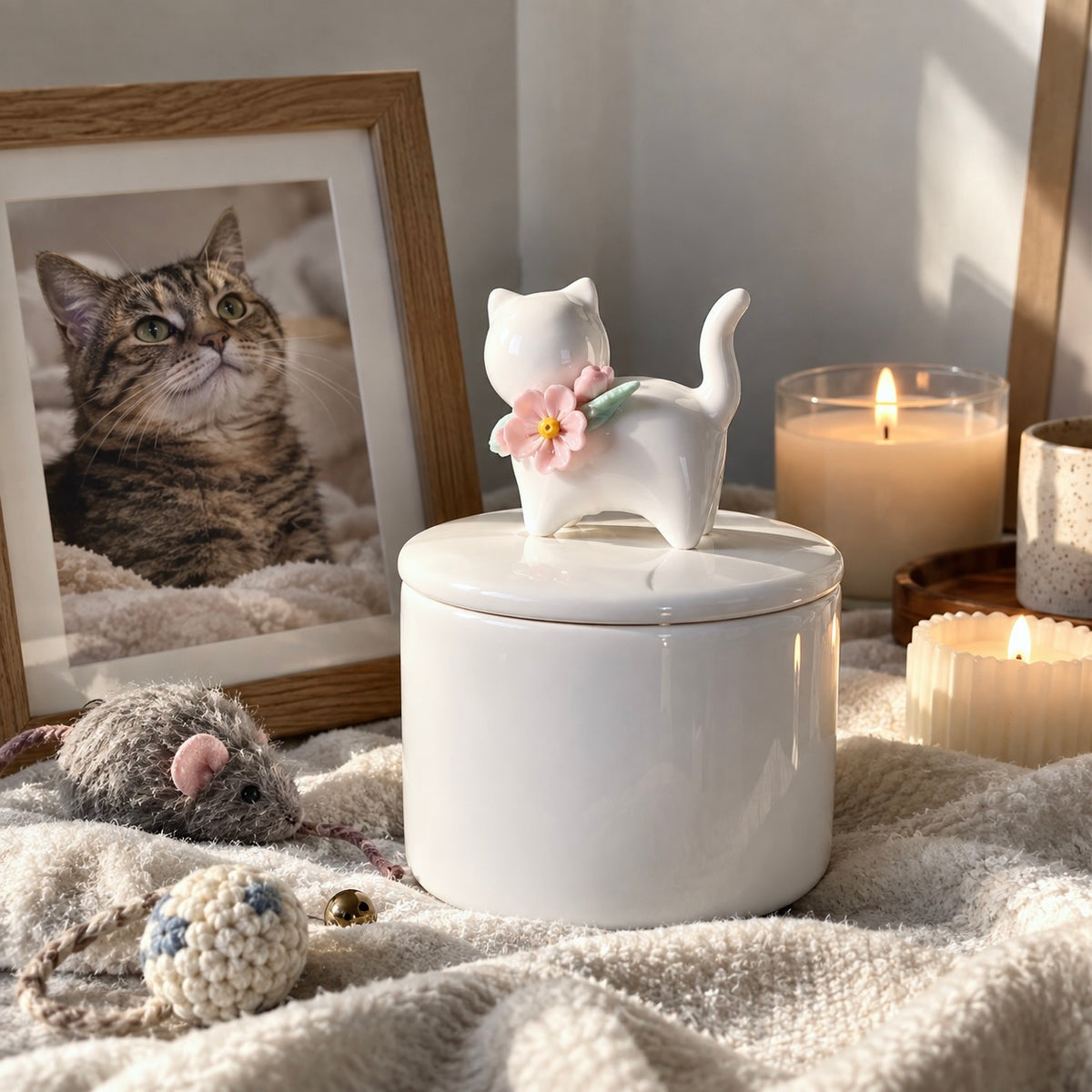 Ivory floral ceramic cat memorial urn displayed beside a framed cat photo, pet toys and memorial candles
