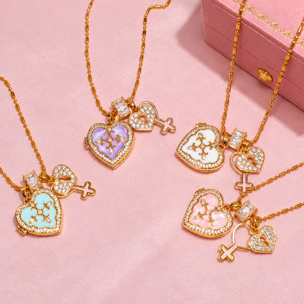 White, pink, light blue and purple heart photo locket necklaces with zircon key charms