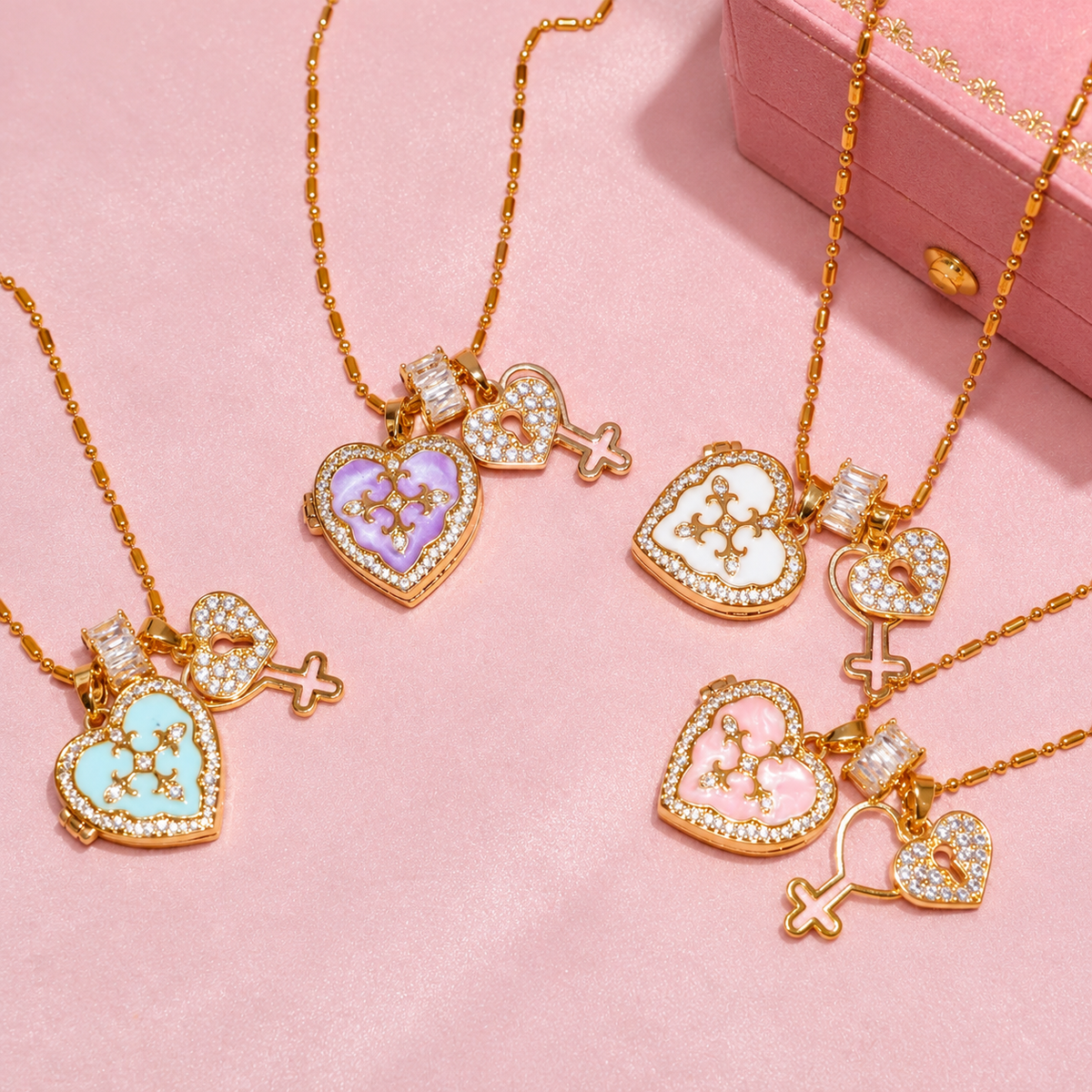 White, pink, light blue and purple heart photo locket necklaces with zircon key charms