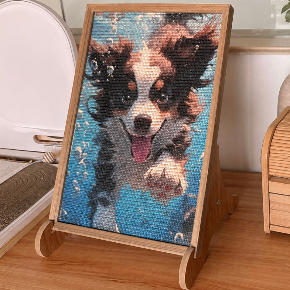 Beige framed cat scratcher board on the floor