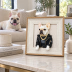 Framed French bulldog portrait in a black jacket on a coffee table, with a cream dog on the sofa behind it
