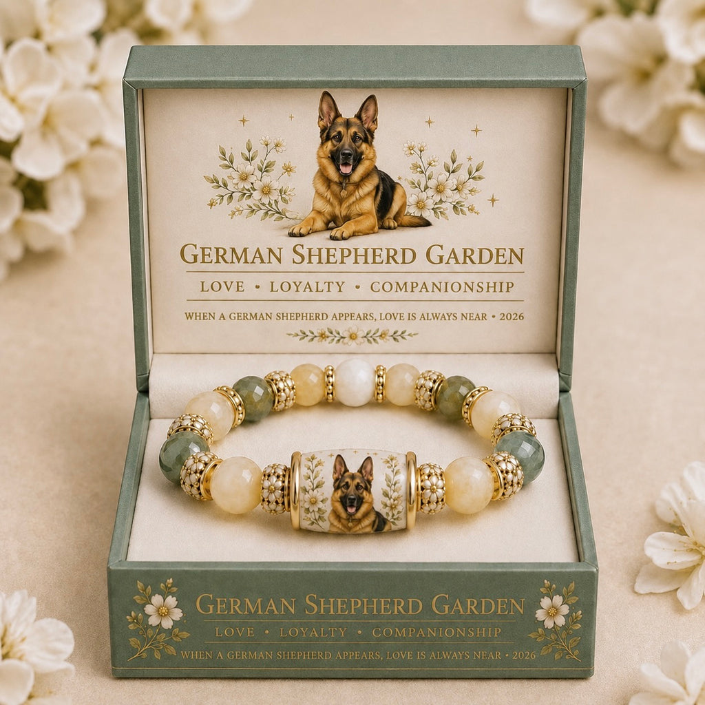 German Shepherd Garden beaded bracelet displayed in a green floral gift box