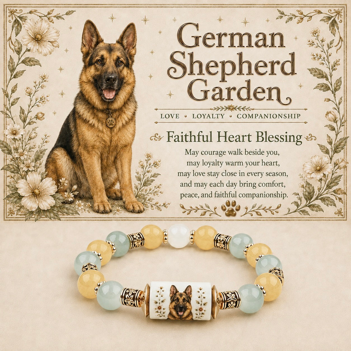 German Shepherd portrait bracelet with sage, yellow and white beads beneath botanical breed artwork