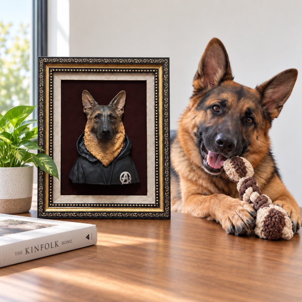 German shepherd with a rope toy beside a black-and-gold frame displaying a dog bust in a dark hoodie