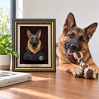 German shepherd with a rope toy beside a black-and-gold frame displaying a dog bust in a dark hoodie