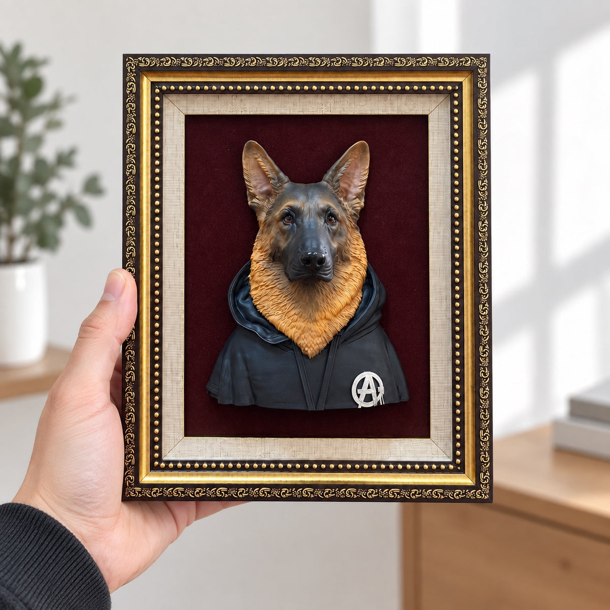 Hand holding an ornate black-and-gold frame with a German shepherd bust in a dark hoodie against burgundy backing