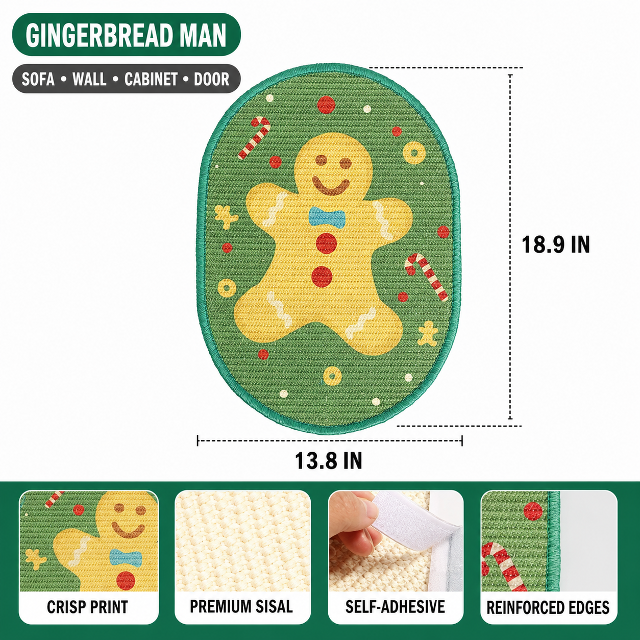 An infographic size chart for the gingerbread man Christmas cat scratcher, showing dimensions of 18.9 inches height by 13.8 inches width, labeled for use on sofa, wall, cabinet, and door.