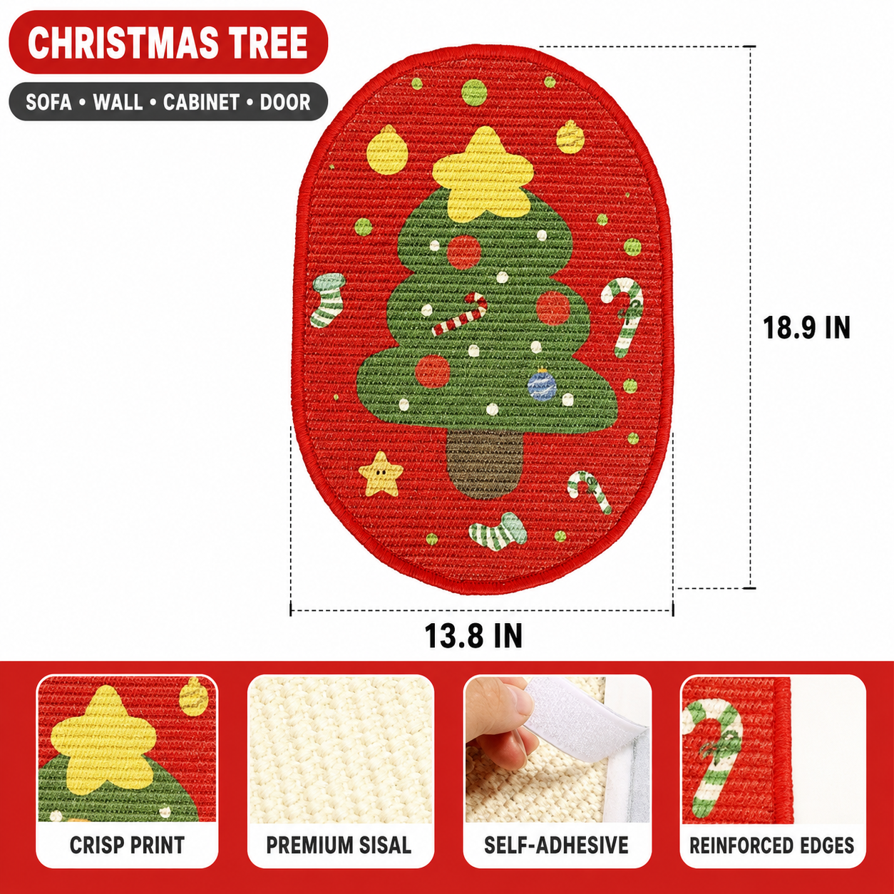 Product specifications for a green gingerbread man holiday cat scratching board, highlighting its crisp print, premium sisal texture, self-adhesive peel and stick backing, and reinforced edges.