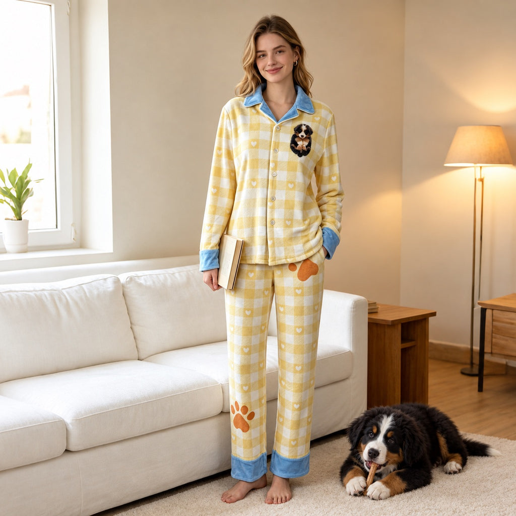 Person wearing yellow gingham dog portrait pajamas with blue trim beside a tricolor dog