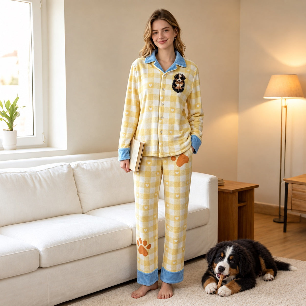 Person wearing yellow gingham dog portrait pajamas with blue trim beside a tricolor dog