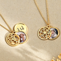 Gold-tone birth flower locket necklaces showing custom photos, engraved text and openwork flower covers