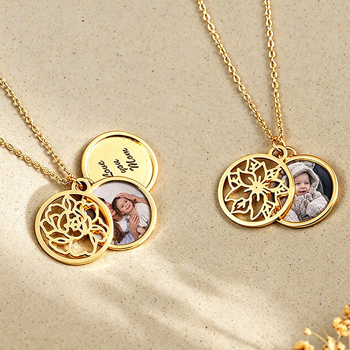 Gold-tone birth flower locket necklaces showing custom photos, engraved text and openwork flower covers