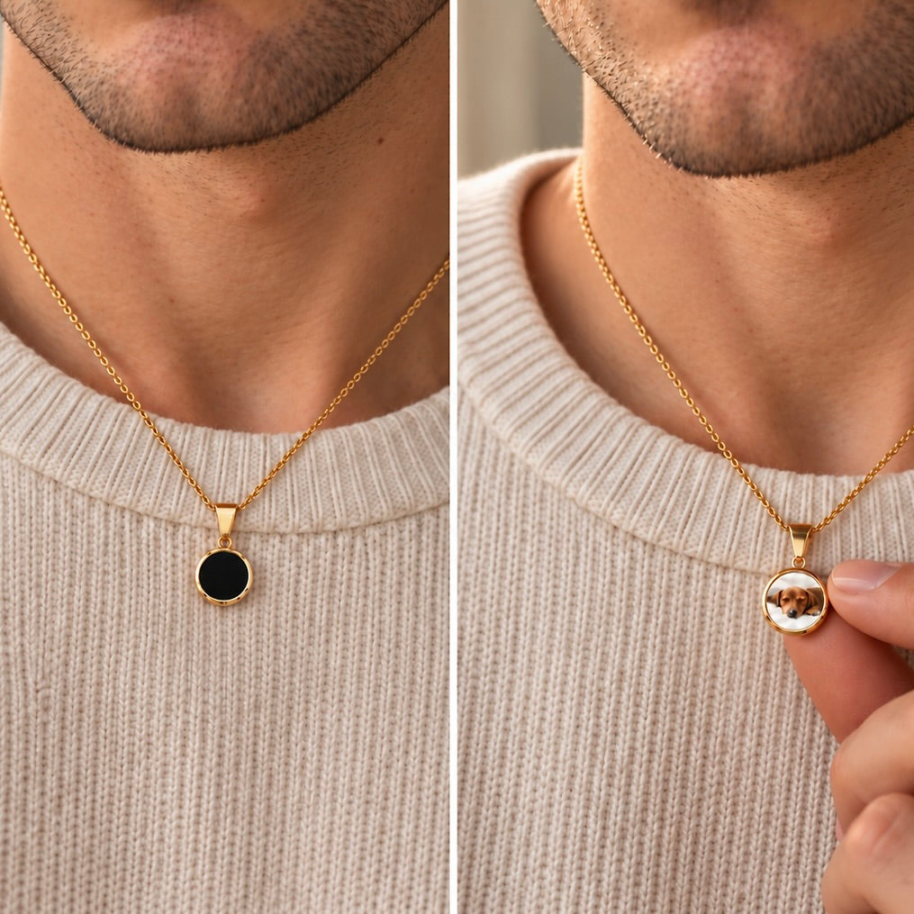 Gold heat-reveal pet photo necklace shown before and after a warm touch